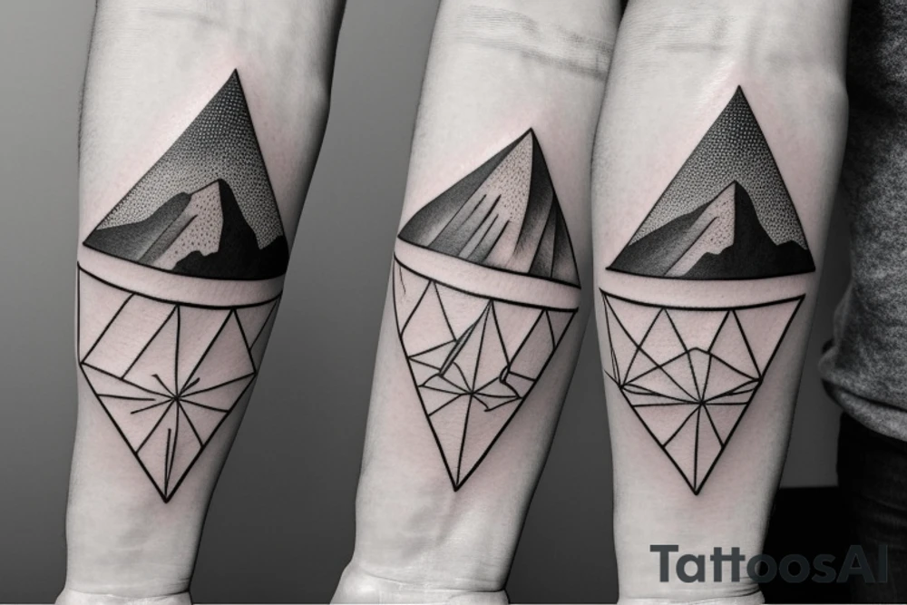 Minimal tattoo. For hand. Motives, family, father with two sons, mountains, sea, woods, compass in triangles tattoo idea