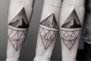 Minimal tattoo. For hand. Motives, family, father with two sons, mountains, sea, woods, compass in triangles tattoo idea
