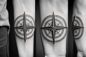 Minimal tattoo. For hand. Motives, family, father with two sons, mountains, sea, woods, compass tattoo idea