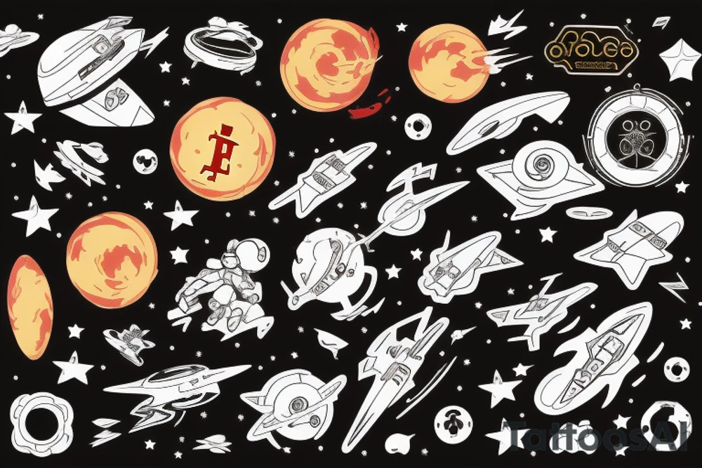 a cartoon blonde red hair space cowboy riding a blockchain starship, black plain background, vector drawing tattoo idea