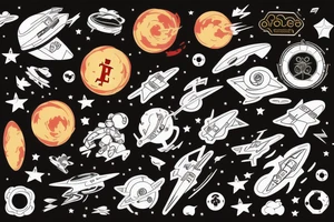 a cartoon blonde red hair space cowboy riding a blockchain starship, black plain background, vector drawing tattoo idea