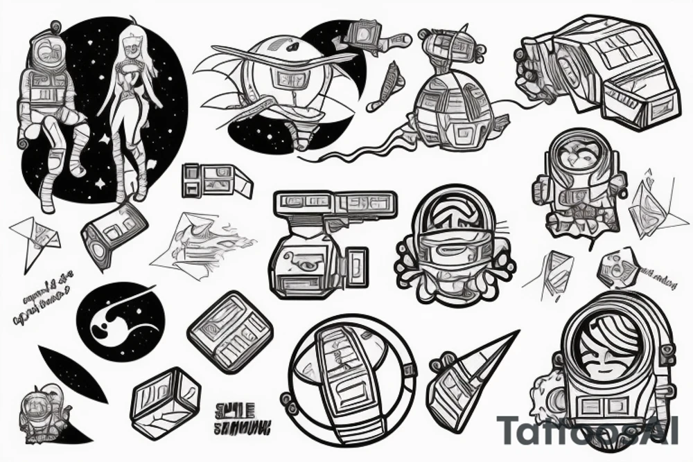 a cartoon blonde red hair space cowboy riding a blockchain starship, black plain background, vector drawing tattoo idea