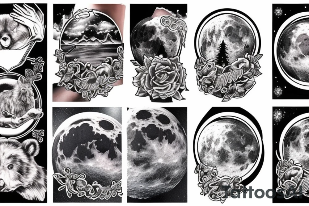 Bear moon stars mountain lake tattoo idea