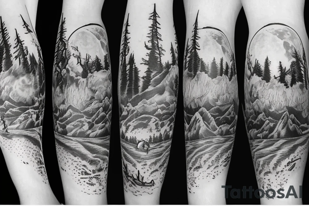 Bear moon stars mountain lake tattoo idea