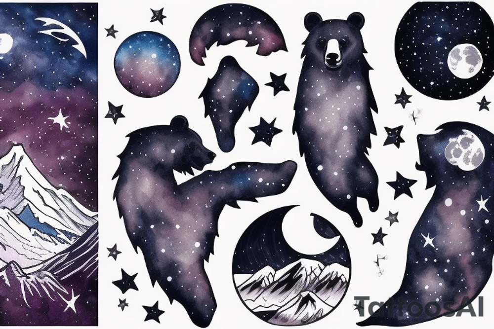 Bear moon stars mountain lake night sky tattoo idea