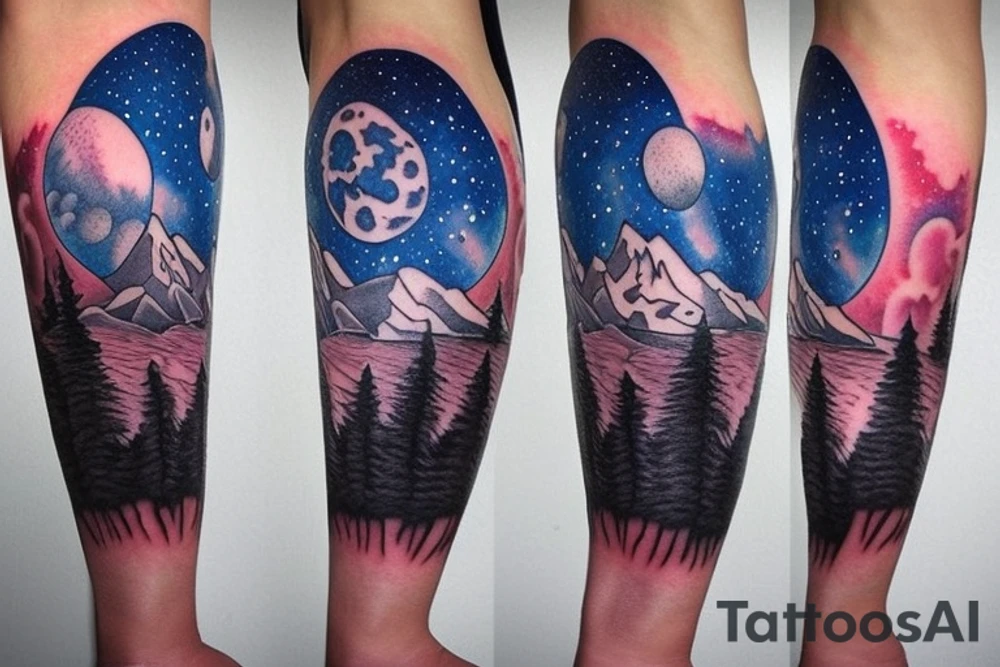 Bear moon stars mountain lake night sky tattoo idea