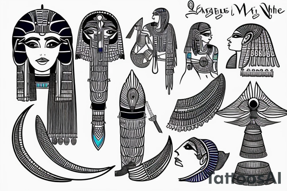Egyptian goddess Ma'at lotus blue night moon tattoo idea