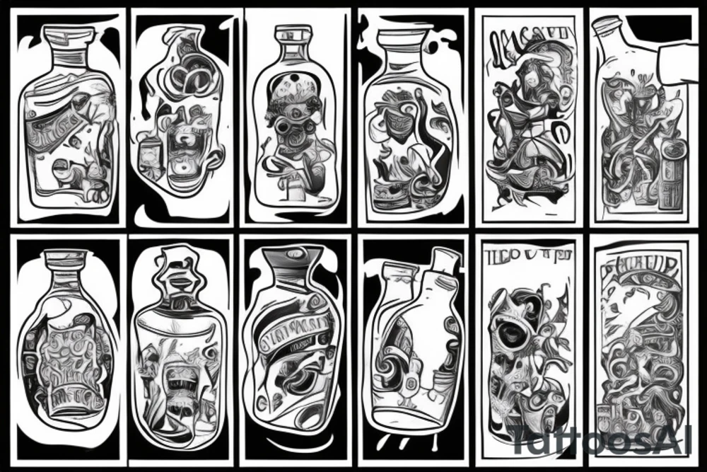 An arm is bent at 90 degrees. The hand is holding a bottle, tilted downwards. The bottle contains a head, mouth open to take a sip. Liquid from the bottle spills back onto the arm. tattoo idea An arm is bent at 90 degrees. The hand is holding a bottle, tilted downwards. The bottle contains a head, mouth open to take a sip. Liquid from the bottle spills back onto the arm. tattoo idea