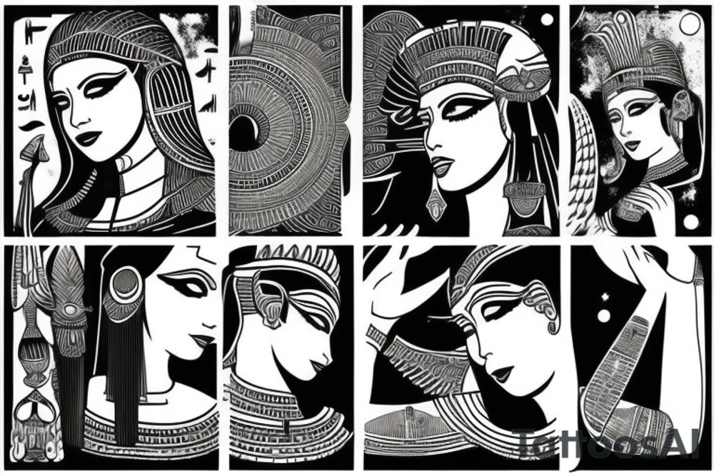 Egyptian goddess Ma'at lotus blue night moon tattoo idea