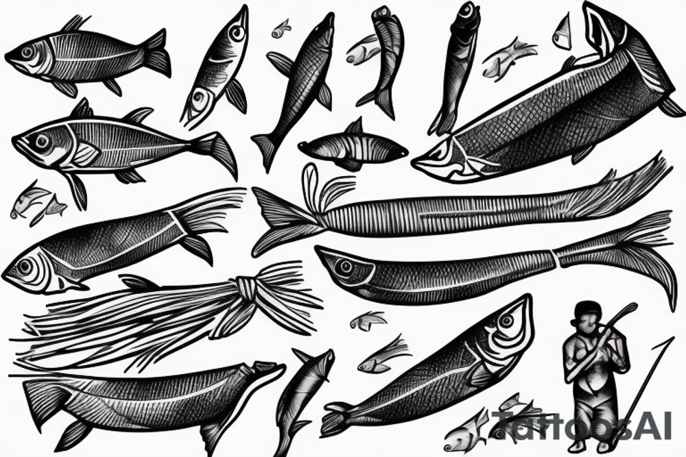 Fishermen with fish rods use Luya methods tattoo idea
