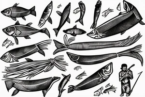 Fishermen with fish rods use Luya methods tattoo idea