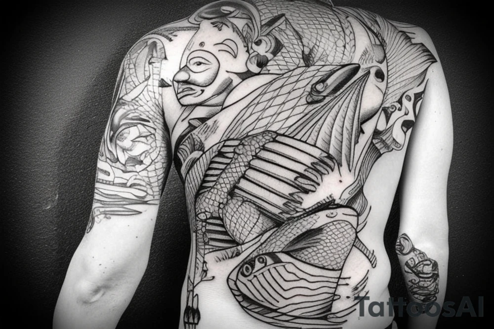 Fishermen with fish rods use lure methods，Swing tattoo idea