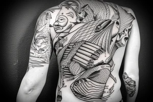 Fishermen with fish rods use lure methods，Swing tattoo idea