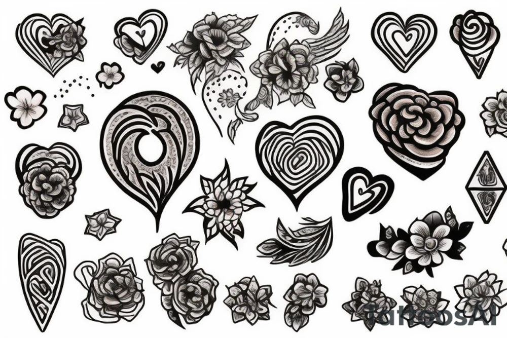 Heart shaped tattoo which includes flower, fire, rock and nut tattoo idea