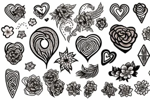 Heart shaped tattoo which includes flower, fire, rock and nut tattoo idea