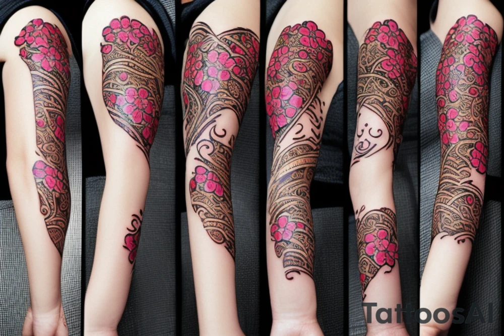 Heart shaped tattoo which includes flower, fire, rock and nut tattoo idea