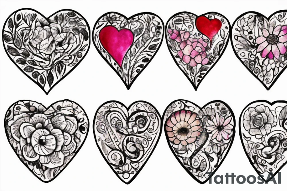 Heart shaped tattoo which includes flower, fire, rock and nut tattoo idea