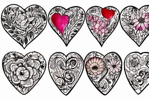 Heart shaped tattoo which includes flower, fire, rock and nut tattoo idea