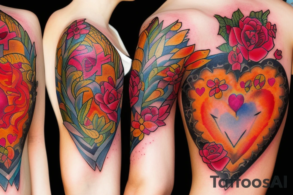 Heart shaped tattoo to combining elements like flower, fire and rock tattoo idea