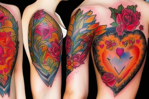 Heart shaped tattoo to combining elements like flower, fire and rock tattoo idea