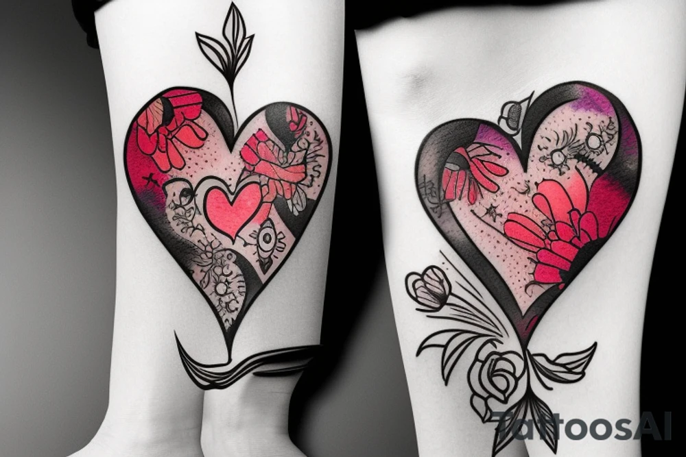 Heart shaped tattoo to combining elements like flower, fire and rock tattoo idea