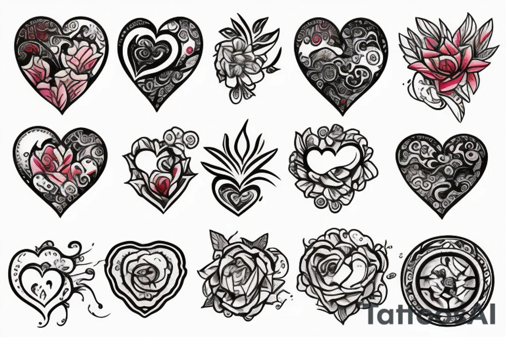 Heart shaped tattoo to combining elements like flower, fire and rock tattoo idea
