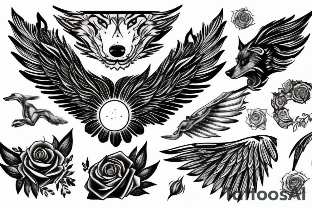 Wolf, Rose, Sunset, Wings tattoo idea