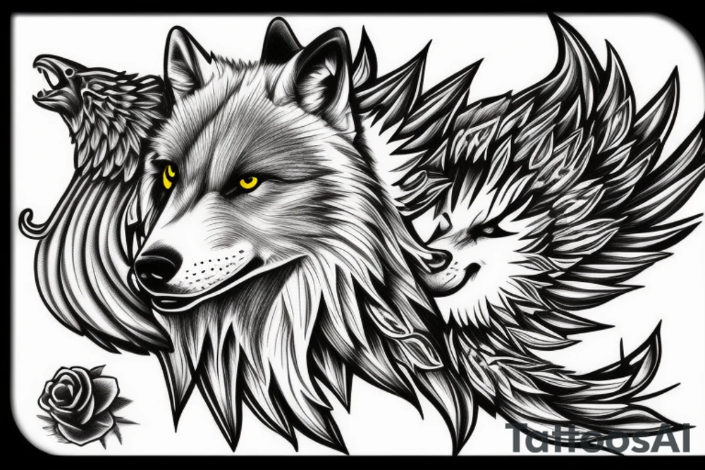 Wolf, Rose, Sunset, Wings tattoo idea