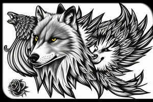 Wolf, Rose, Sunset, Wings tattoo idea