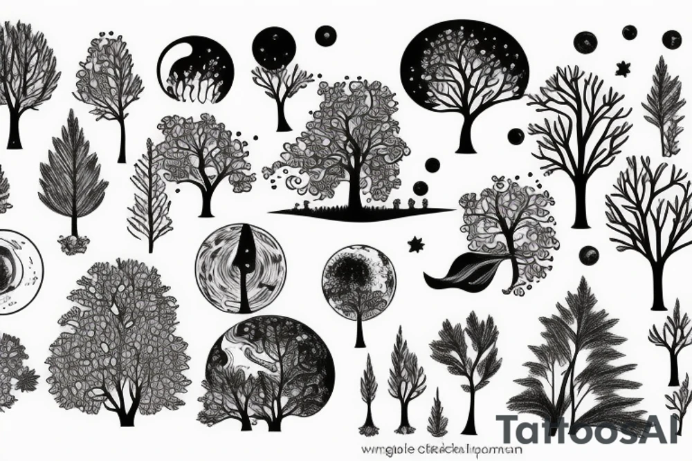 universe with trees and animals tattoo idea