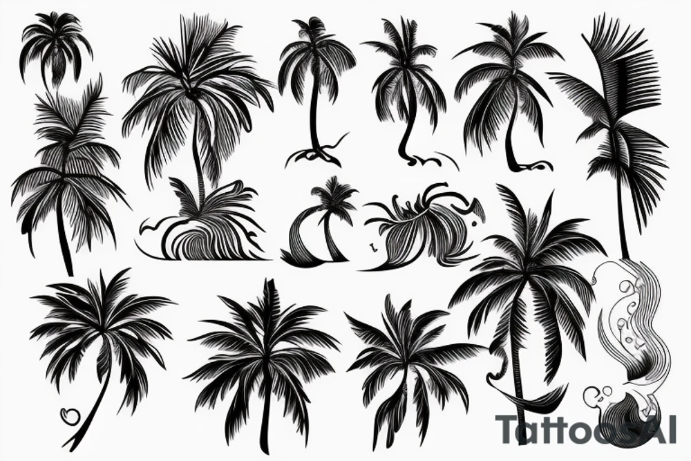 fine line tattoo of a mini palm tree with an ocean wave tattoo idea