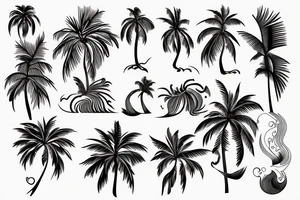 fine line tattoo of a mini palm tree with an ocean wave tattoo idea