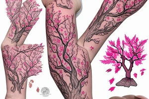 Pink cherry tree with falling leafs armsleeve tattoo idea