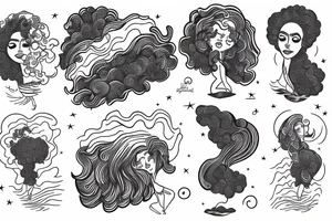 girl with afro, jumping off a cliff into an ocean made out of the galaxy tattoo idea