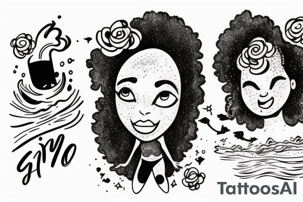 girl with afro, jumping off a cliff into an ocean made out of the galaxy tattoo idea