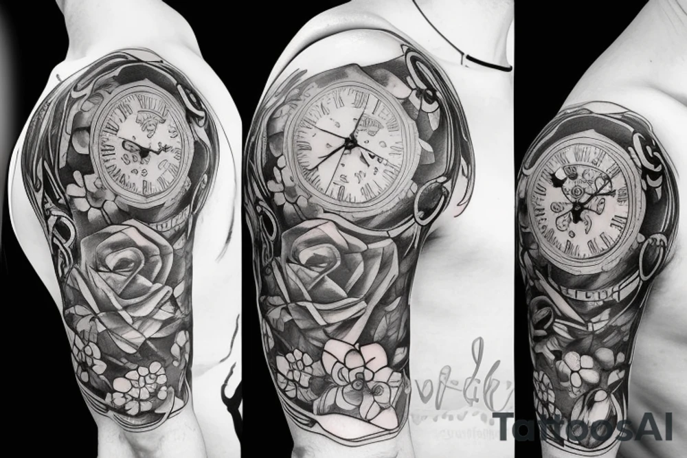 Shoulder tattoo with different kind of flowers and a clock tattoo idea