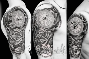 Shoulder tattoo with different kind of flowers and a clock tattoo idea