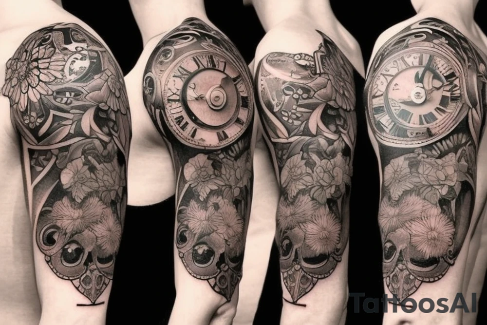 Shoulder tattoo with different kind of flowers and a clock tattoo idea