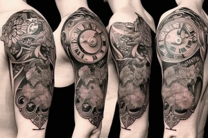 Shoulder tattoo with different kind of flowers and a clock tattoo idea