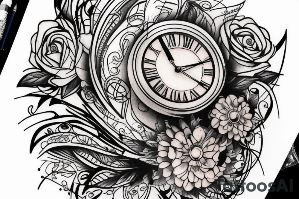 Shoulder tattoo for woman with different kind of flowers and a clock not to full tattoo idea