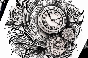Shoulder tattoo for woman with different kind of flowers and a clock not to full tattoo idea