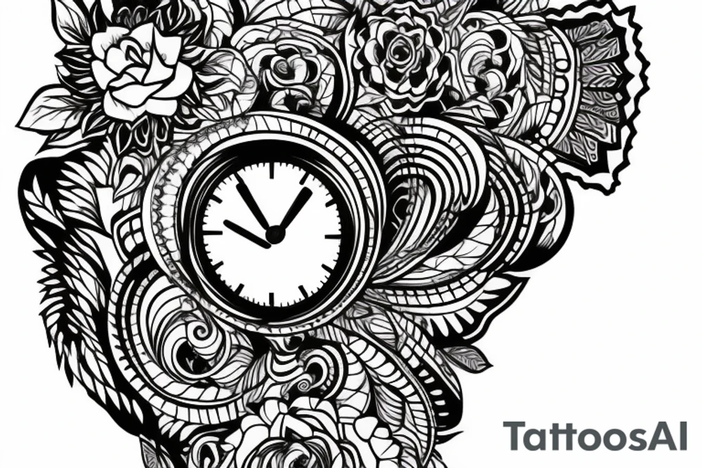 Shoulder tattoo for woman with different kind of flowers and a clock not to full tattoo idea