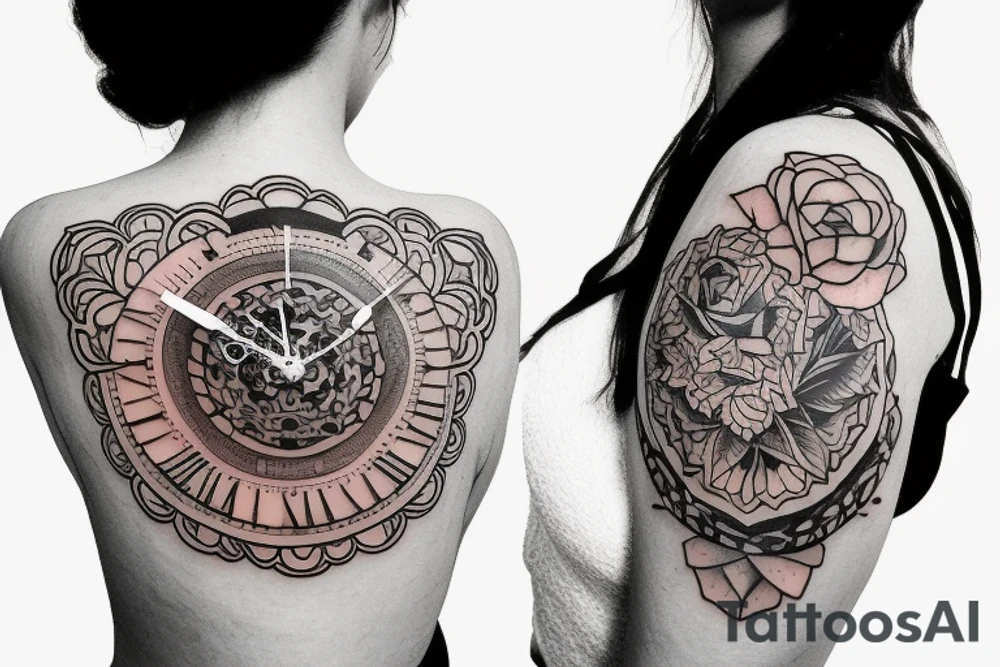 Shoulder tattoo for woman with different kind of flowers and a clock tattoo idea