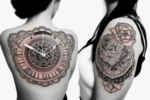 Shoulder tattoo for woman with different kind of flowers and a clock tattoo idea