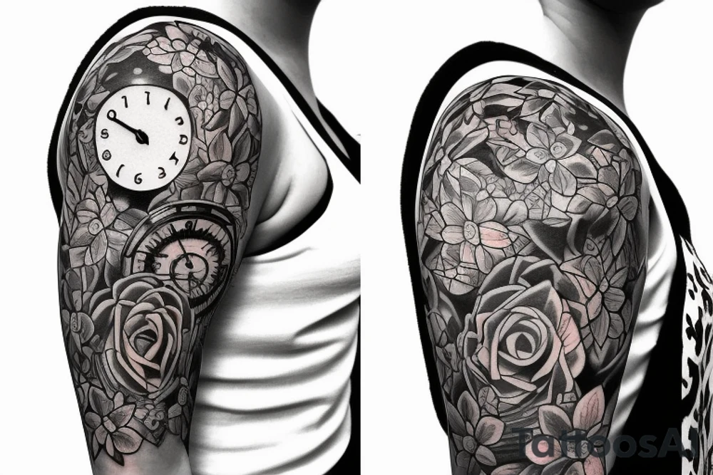 Shoulder tattoo for woman with different kind of flowers and a clock tattoo idea