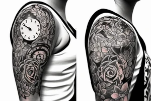 Shoulder tattoo for woman with different kind of flowers and a clock tattoo idea