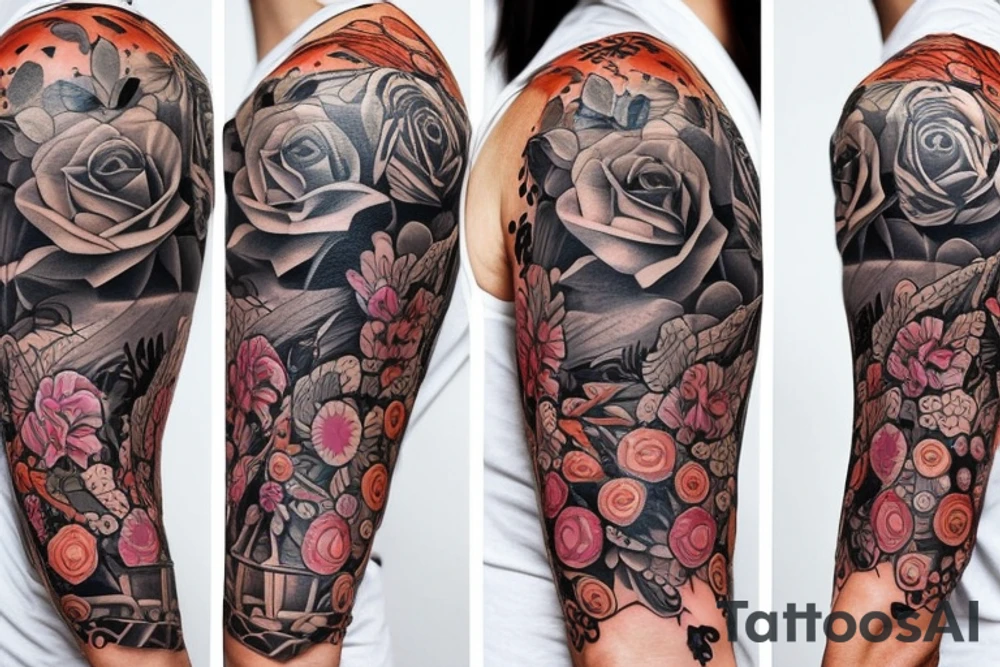 Shoulder tattoo for woman with different kind of flowers and a clock tattoo idea