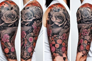 Shoulder tattoo for woman with different kind of flowers and a clock tattoo idea