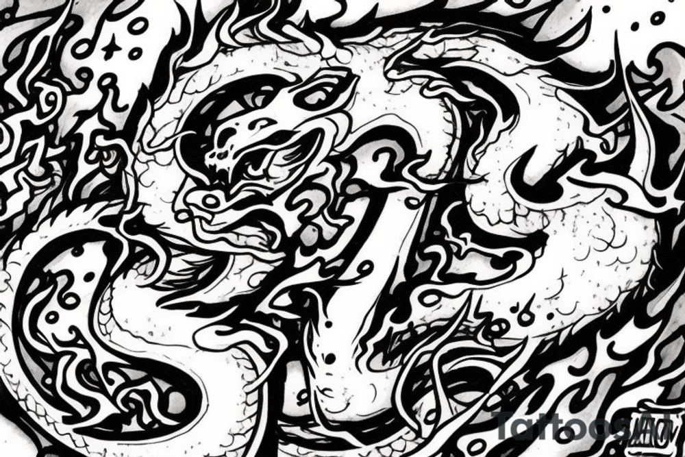 underground hip hop mixtapes with "arthub" tag on it , smokey clouds in background and Dragon comming out of the clouds , some smoking teardrops running down tattoo idea