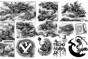 underground hip hop mixtapes with "arthub" tag on it , smokey clouds in background and Dragon comming out of the clouds , some smoking teardrops running down tattoo idea